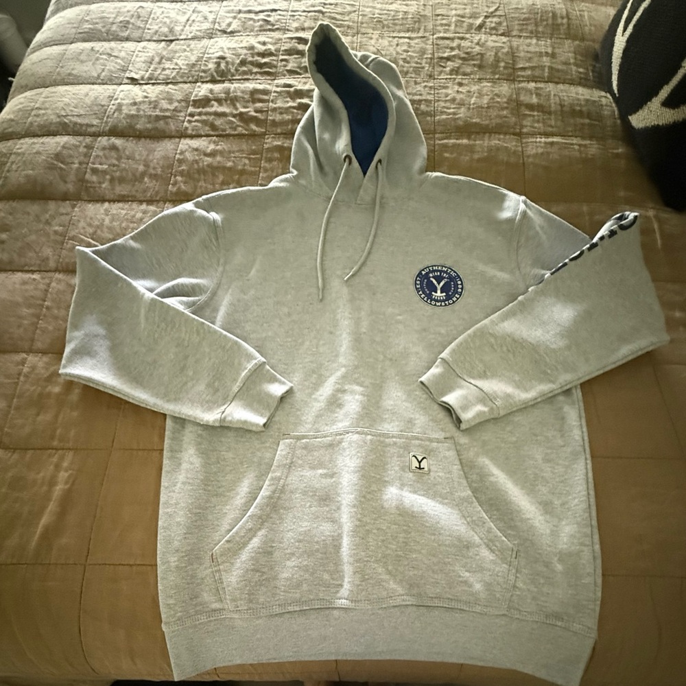 Yellowstone Gray Hoodie with Blue Logo, Size Large